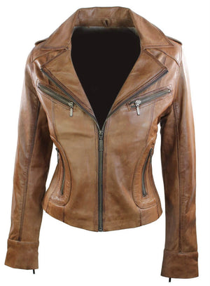 Women's Leather Short Slim Fit Biker Jacket - Timber - Aviatrix - 16