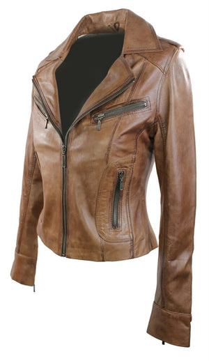 Women's Leather Short Slim Fit Biker Jacket - Timber - Aviatrix - 17