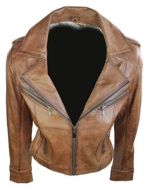 Women's Leather Short Slim Fit Biker Jacket - Timber - Aviatrix - 19
