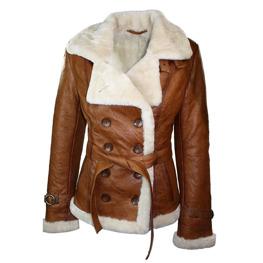Damen Schafffell Winterjacke Braun 100% Echtleder Toscana Aviator Stil TaillenGürtel - Infinity Leather - 1