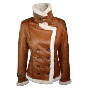 Jasnobrązowa skórzana kurtka lotnicza damska z kożucha owczego - Infinity Leather - 3