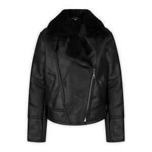 Women's Sheepskin Jacket Leather Biker Black Aviator Flying - Infinity Leather - 1