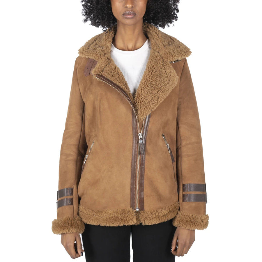 Damska kurtka lotnicza z owczej skóry z krzyżowym zamkiem camel z brązowym futrem - Infinity Leather - 1