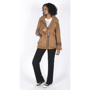 Women's Sheepskin Leather Cross Zip Flying Aviator Jacket Camel Brown Fur - Infinity Leather - 3