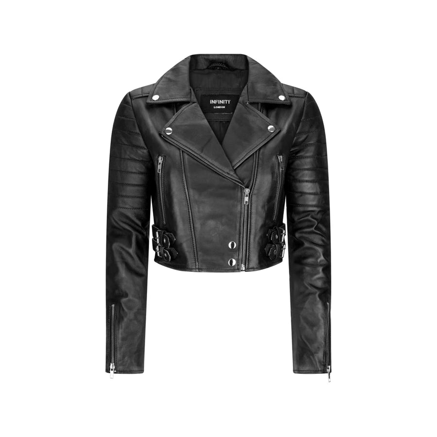Women's Short Leather Jacket Cross Zip Biker Brando Soft Classic - Black - Infinity Leather - 1