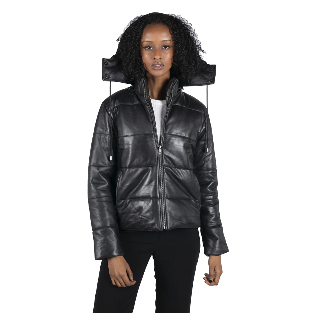 Women's Short Puffer Hood Jacket Leather Black 80s Classic - Infinity Leather - 1