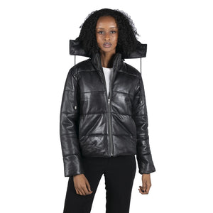 Women's Short Puffer Hood Jacket Leather Black 80s Classic - Infinity Leather - 1