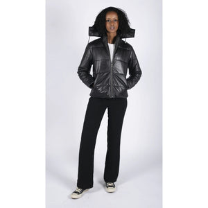 Women's Short Puffer Hood Jacket Leather Black 80s Classic - Infinity Leather - 3