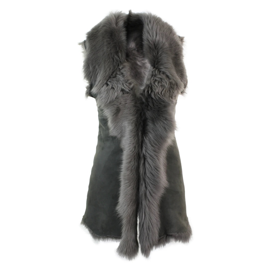 Gilet Lungo da Donna in Vera Pelle Grigia e Pelo di Montone Shearling Toscana - Infinity Leather - 1