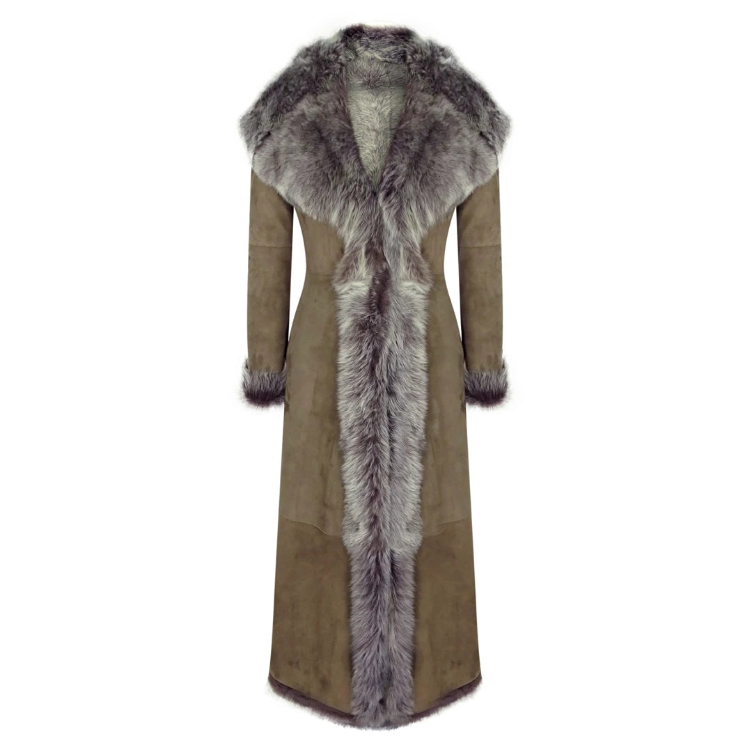 Damenjacke 100% Echtleder Braun Taupe Schaffell Voll Länge Mit Kapuze - Infinity Leather - 1