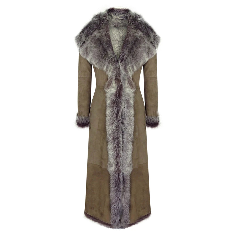 damski zamszowy płaszcz trencz z kapturem z owczej skóry Toscana o pełnej długości taupe - Infinity Leather - 1