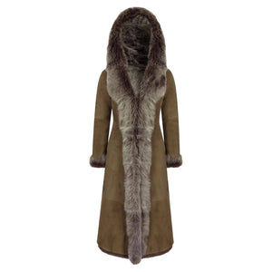 Damenjacke 100% Echtleder Braun Taupe Schaffell Voll Länge Mit Kapuze - Infinity Leather - 6