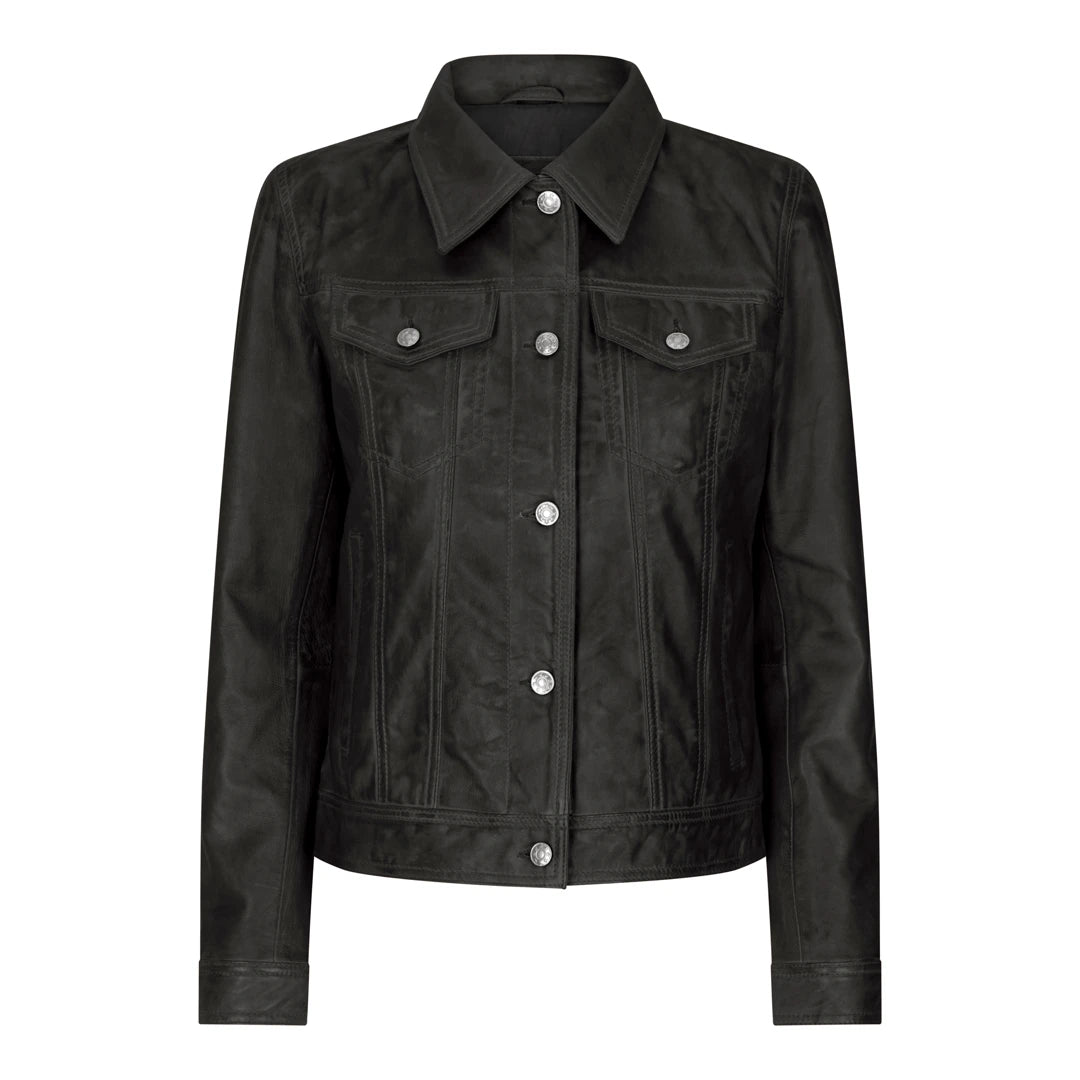 Chaqueta de jeans retro vintage de cuero real estilo 1980 para mujer - Negro - Infinity Leather - 1