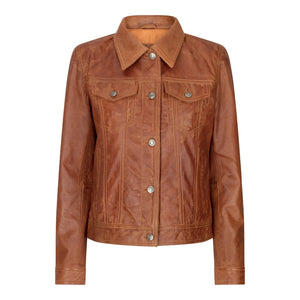Chaqueta de jeans retro vintage de cuero real estilo 1980 para mujer - Bronceado - Infinity Leather - 5