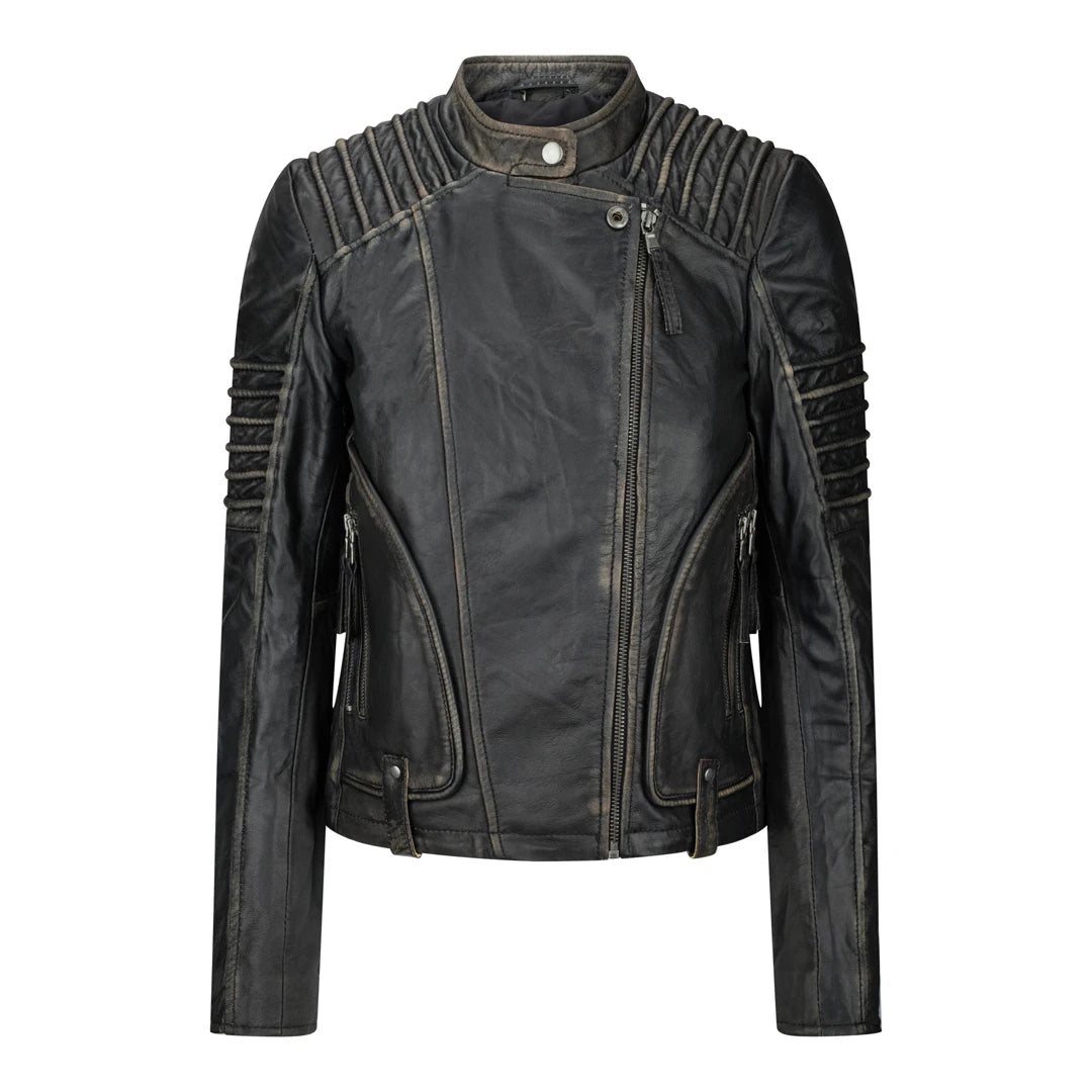 Women's Women's Girls Soft Black Gold Leather Short Biker Jacket - Aviatrix - 1