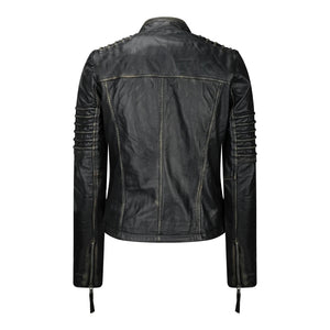 Women's Women's Girls Soft Black Gold Leather Short Biker Jacket - Aviatrix - 3