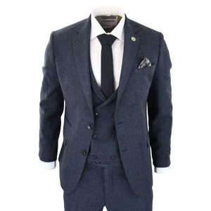 WS25 - Men's 3 Piece Tweed Suit Blue Double Breasted Waistcoat - TruClothing.com - 1