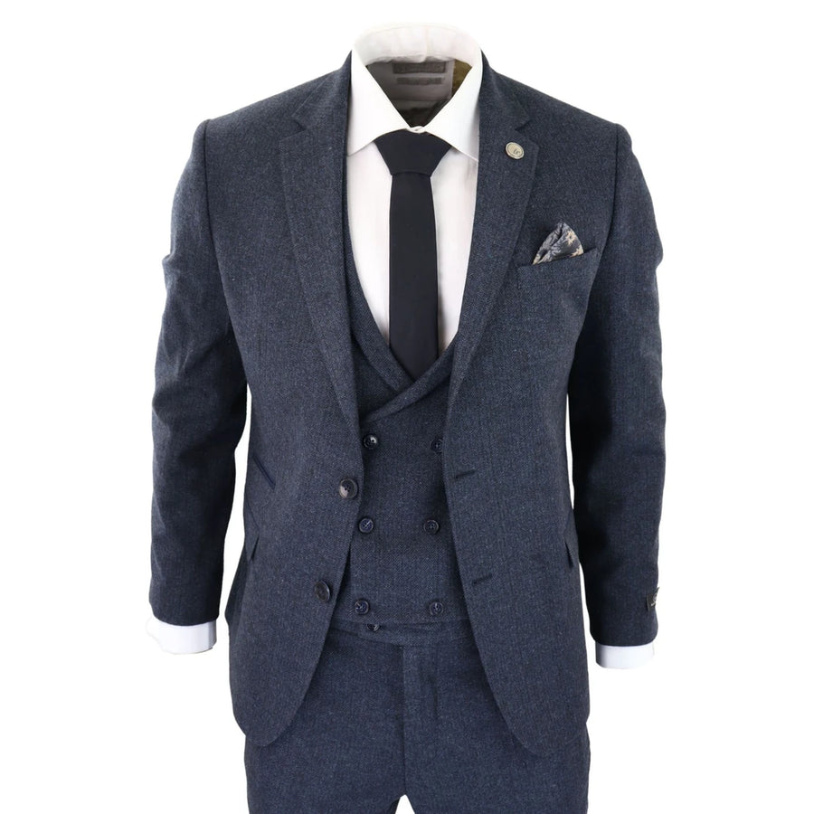 WS25 - Men's 3 Piece Tweed Suit Blue Double Breasted Waistcoat - TruClothing.com - 1