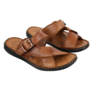 Wyndham W07 - Mens Real Leather Slip On Mules Sandals Strap Buckle Premium Comfort Waterproof Walking - Tan - Wyndham - 22